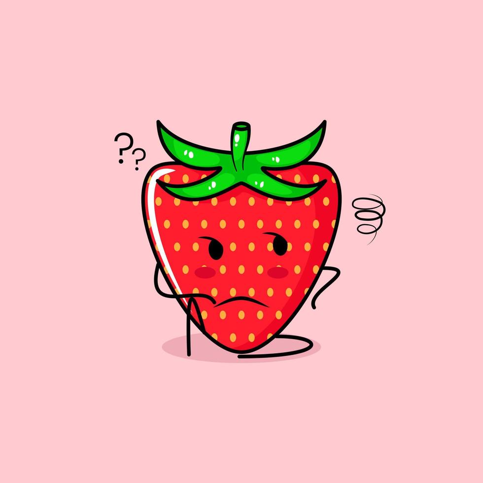 cute strawberry character with thinking expression and sit down. green and red. suitable for emoticon, logo, mascot vector