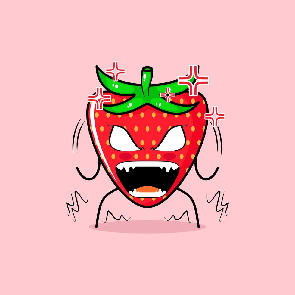 lindo personaje de fresa con expresión enojada. ojos saltones y la boca abierta de par en par. verde y rojo. adecuado para emoticonos, logotipos, mascotas vector