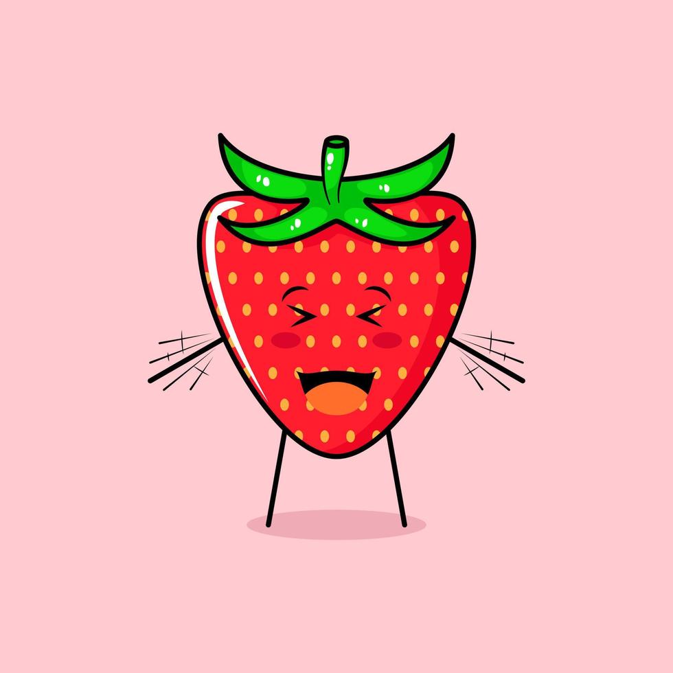 lindo personaje de manzana roja con sonrisa y expresión feliz, ojos cerrados, boca abierta y ambas manos temblando. verde y rojo. adecuado para emoticonos, logotipos, mascotas e iconos vector