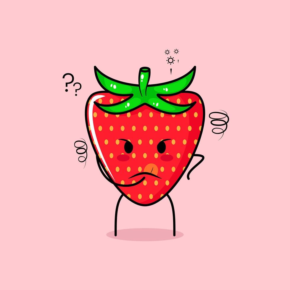 cute strawberry character with thinking expression and hand placed on chin. green and red. suitable for emoticon, logo, mascot vector