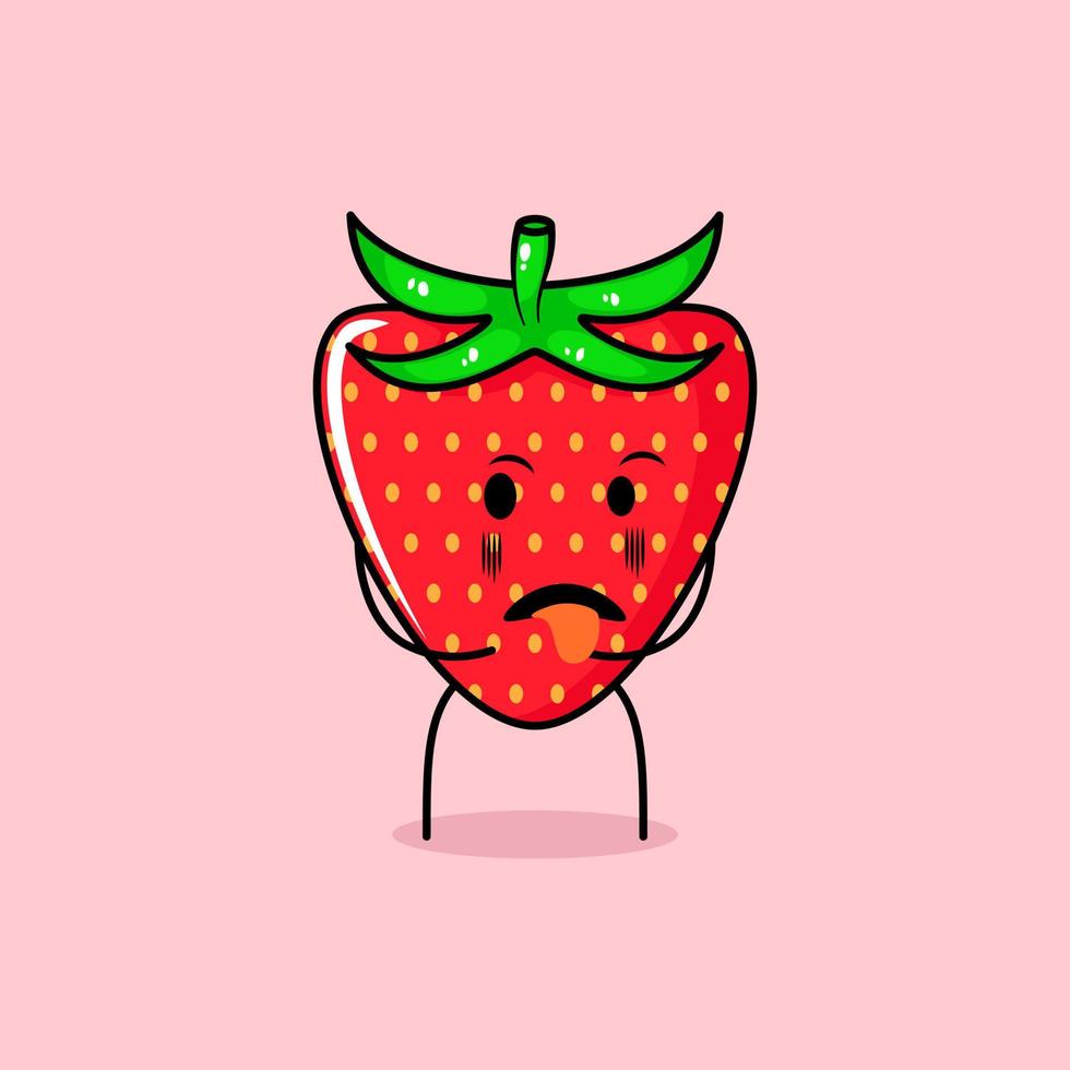 cute strawberry character with disgusting expression and tongue sticking out. green and red. suitable for emoticon, logo, mascot and icon vector