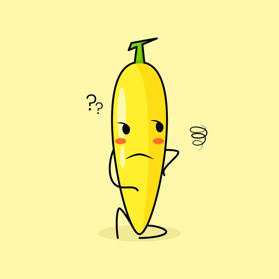 cute banana character with thinking expression and sit down. green and yellow. suitable for emoticon, logo, mascot vector