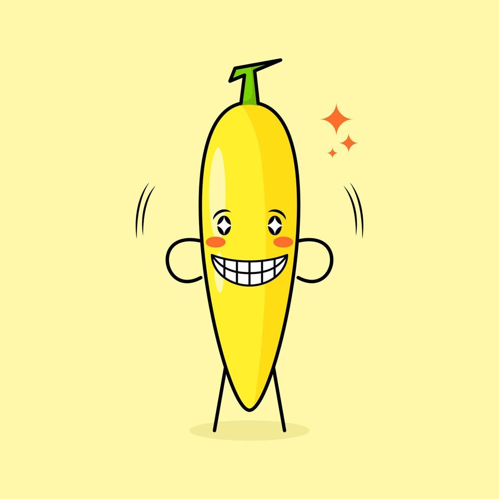 lindo personaje de plátano con sonrisa y expresión feliz, ojos brillantes y sonriente. verde y amarillo. adecuado para emoticonos, logotipos, mascotas e iconos vector