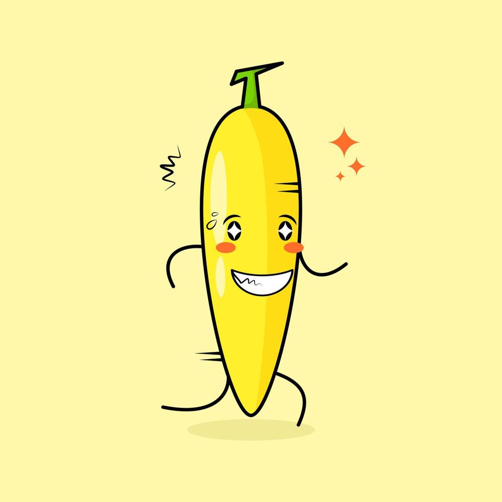 lindo personaje de plátano con expresión feliz, ojos brillantes, correr y sonreír. verde y amarillo. adecuado para emoticonos, logotipos, mascotas e iconos vector