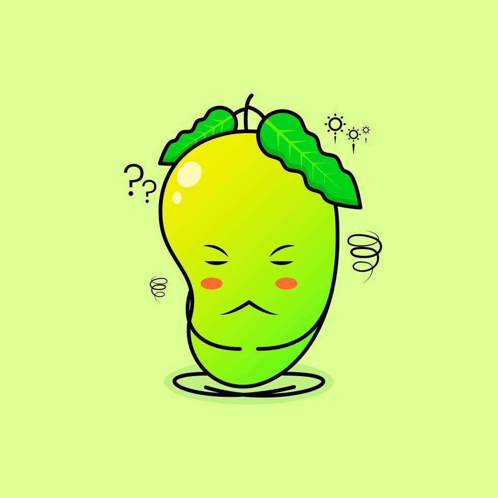 lindo personaje de mango con expresión de pensamiento, cierra los ojos y siéntate con las piernas cruzadas. verde y naranja. adecuado para emoticonos, logotipos, mascotas vector