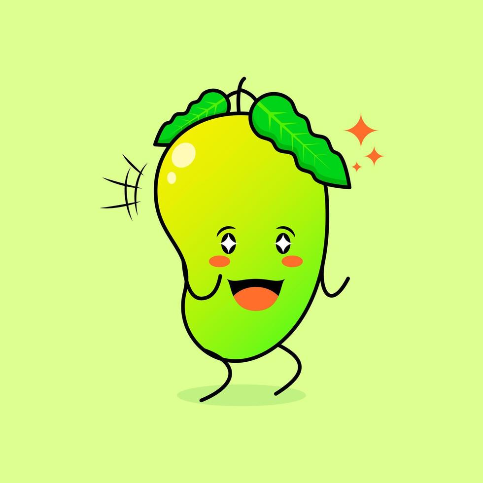 cute mango character with smile and happy expression, two hands clenched and sparkling eyes. green and orange. suitable for emoticon, logo, mascot and icon vector