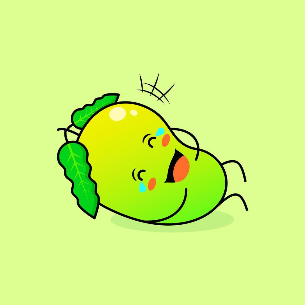 cute mango character with smile and happy expression, lie down, close eyes and tears. green and orange. suitable for emoticon, logo, mascot and icon vector