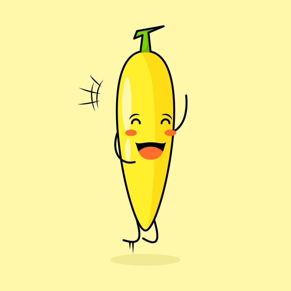 cute banana character with smile and happy expression, jump, close eyes and mouth open. green and yellow. suitable for emoticon, logo, mascot and icon vector