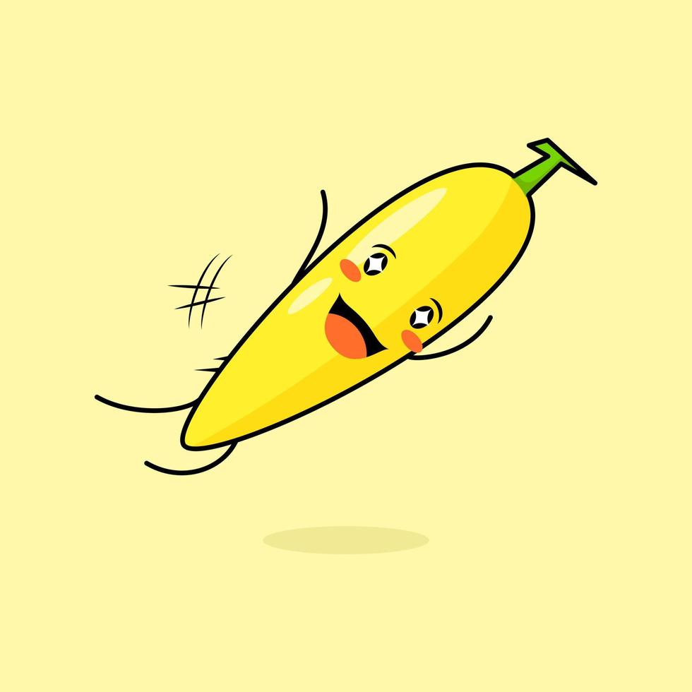 cute banana character with smile and happy expression, jump fly, mouth open and sparkling eyes. green and yellow. suitable for emoticon, logo, mascot and icon vector