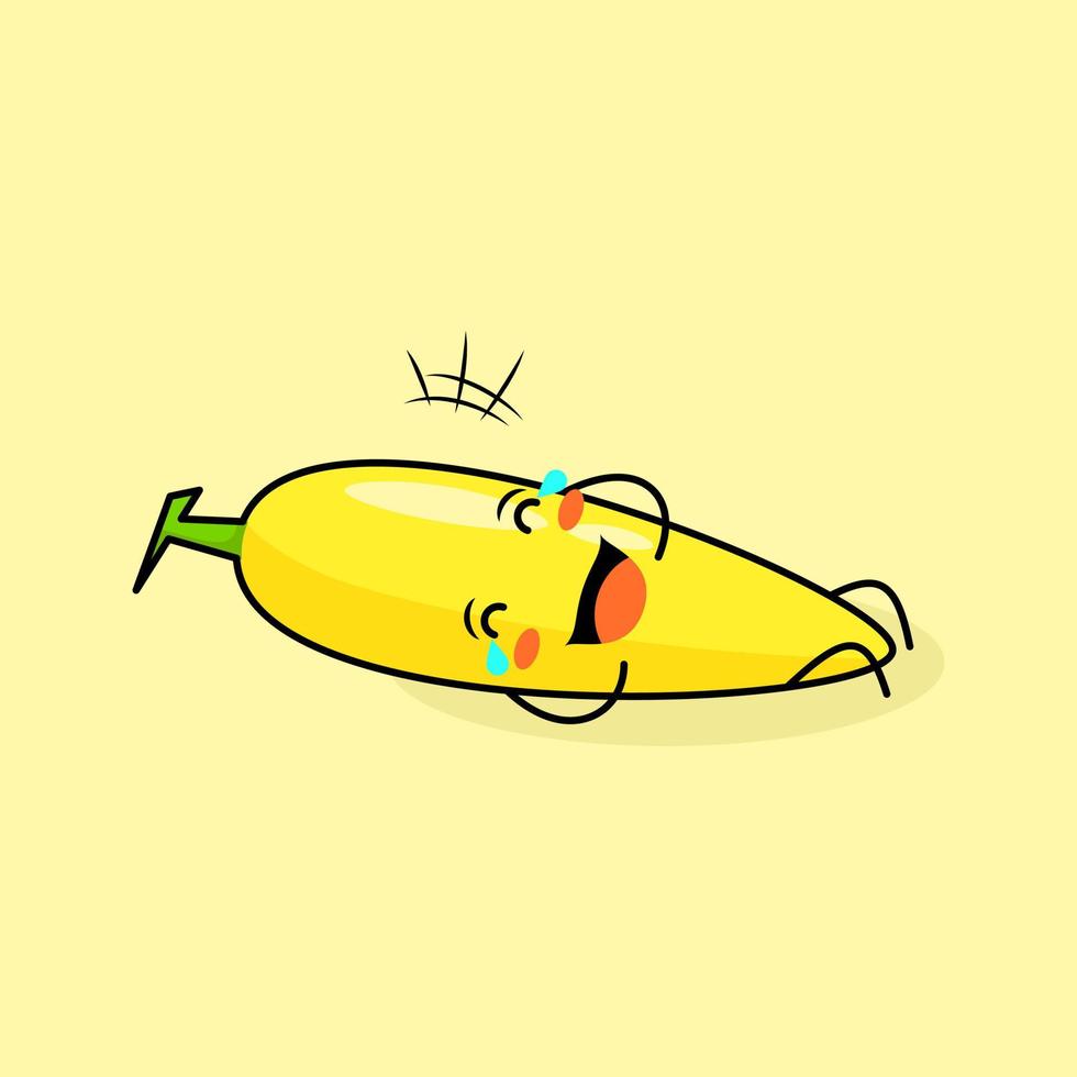 cute banana character with smile and happy expression, lie down, close eyes and tears. green and yellow. suitable for emoticon, logo, mascot and icon vector