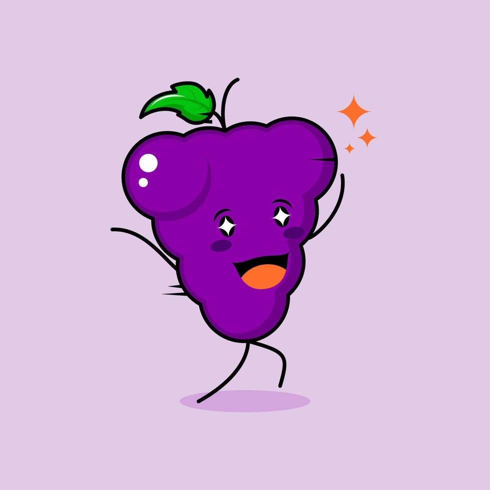cute grape character with smile and happy expression, run, two hands up and sparkling eyes. green and purple. suitable for emoticon, logo, mascot and icon vector