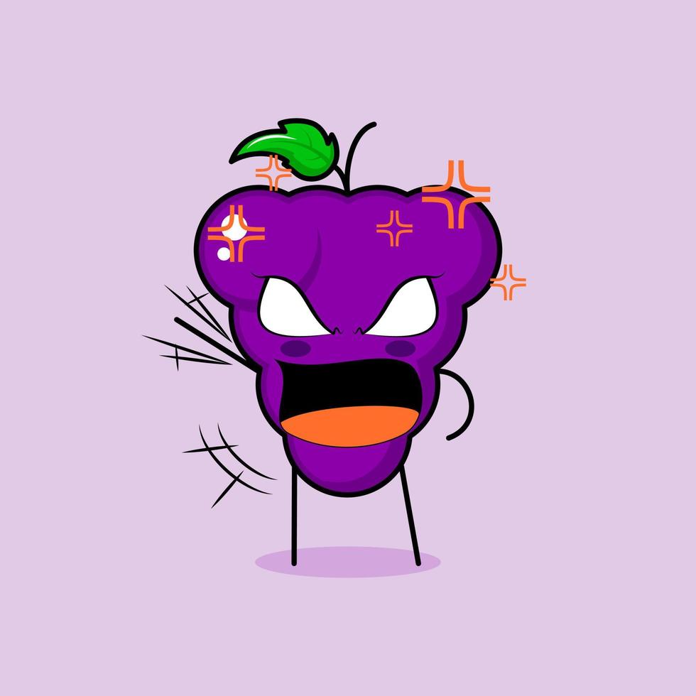 lindo personaje de uva con expresión enojada. verde y morado. adecuado para emoticonos, logo, mascota. una mano levantada, ojos saltones y boca abierta vector