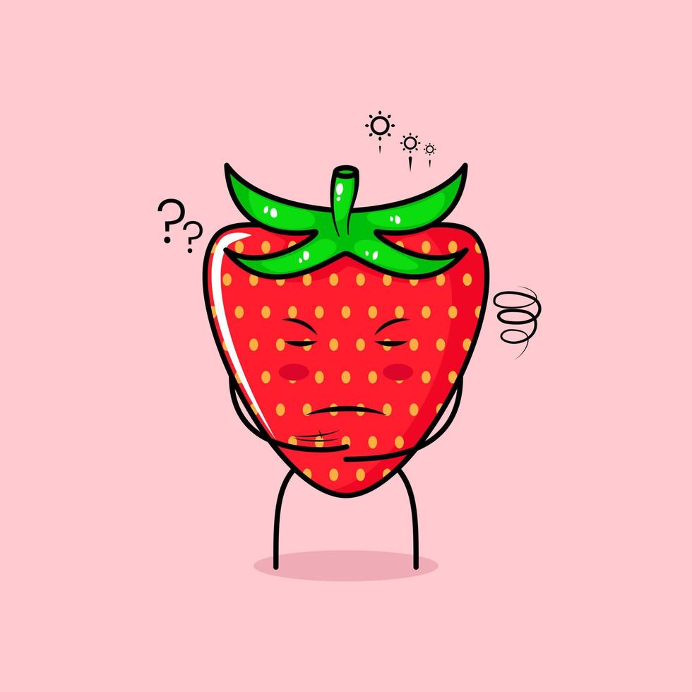 cute strawberry character with thinking expression and close eyes. green and red. suitable for emoticon, logo, mascot vector