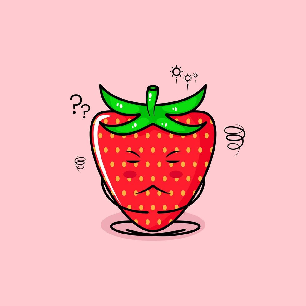 cute strawberry character with thinking expression, close eyes and sit cross-legged. green and red. suitable for emoticon, logo, mascot vector