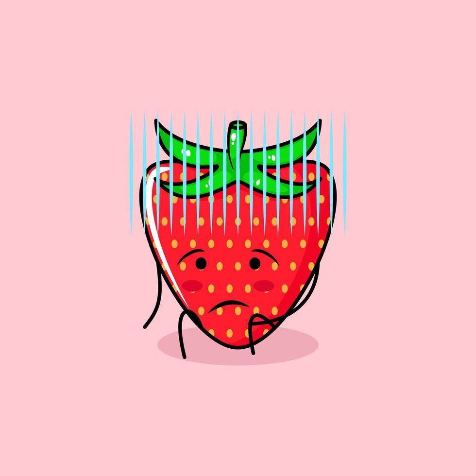 cute strawberry character with hopeless expression and sit down. green and red. suitable for emoticon, logo, mascot and icon vector