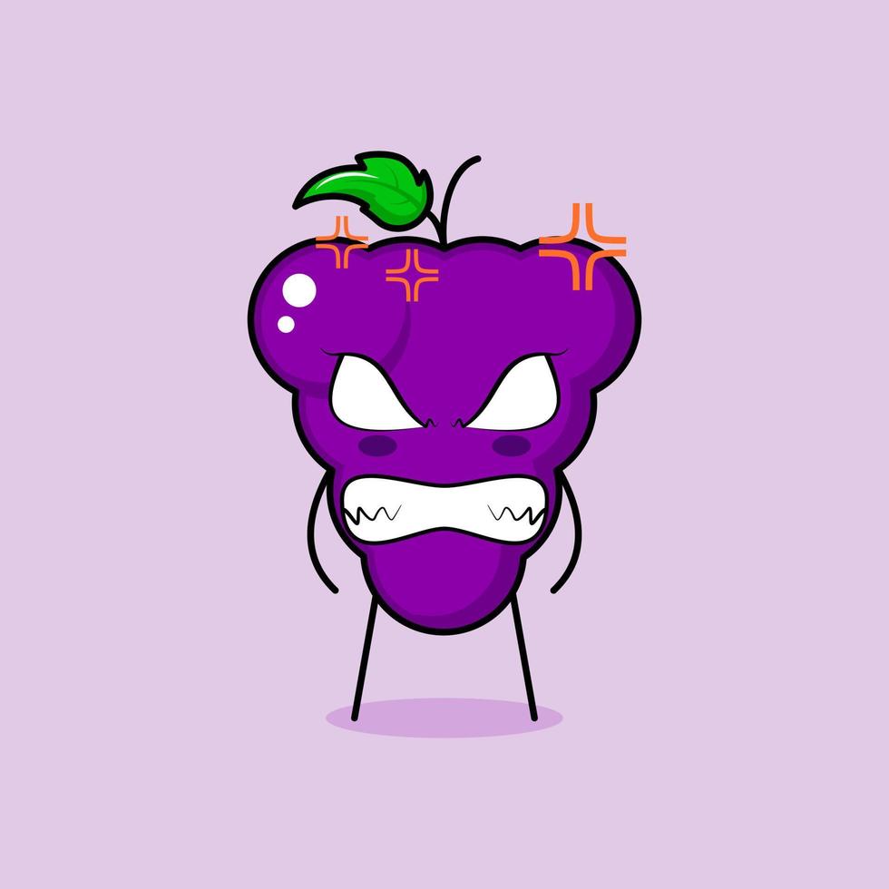 lindo personaje de uva con expresión enojada. ojos saltones y sonrientes. verde y morado. adecuado para emoticonos, logotipos, mascotas vector