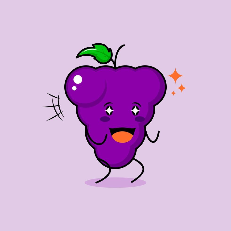 cute grape character with smile and happy expression, two hands clenched and sparkling eyes. green and purple. suitable for emoticon, logo, mascot and icon vector