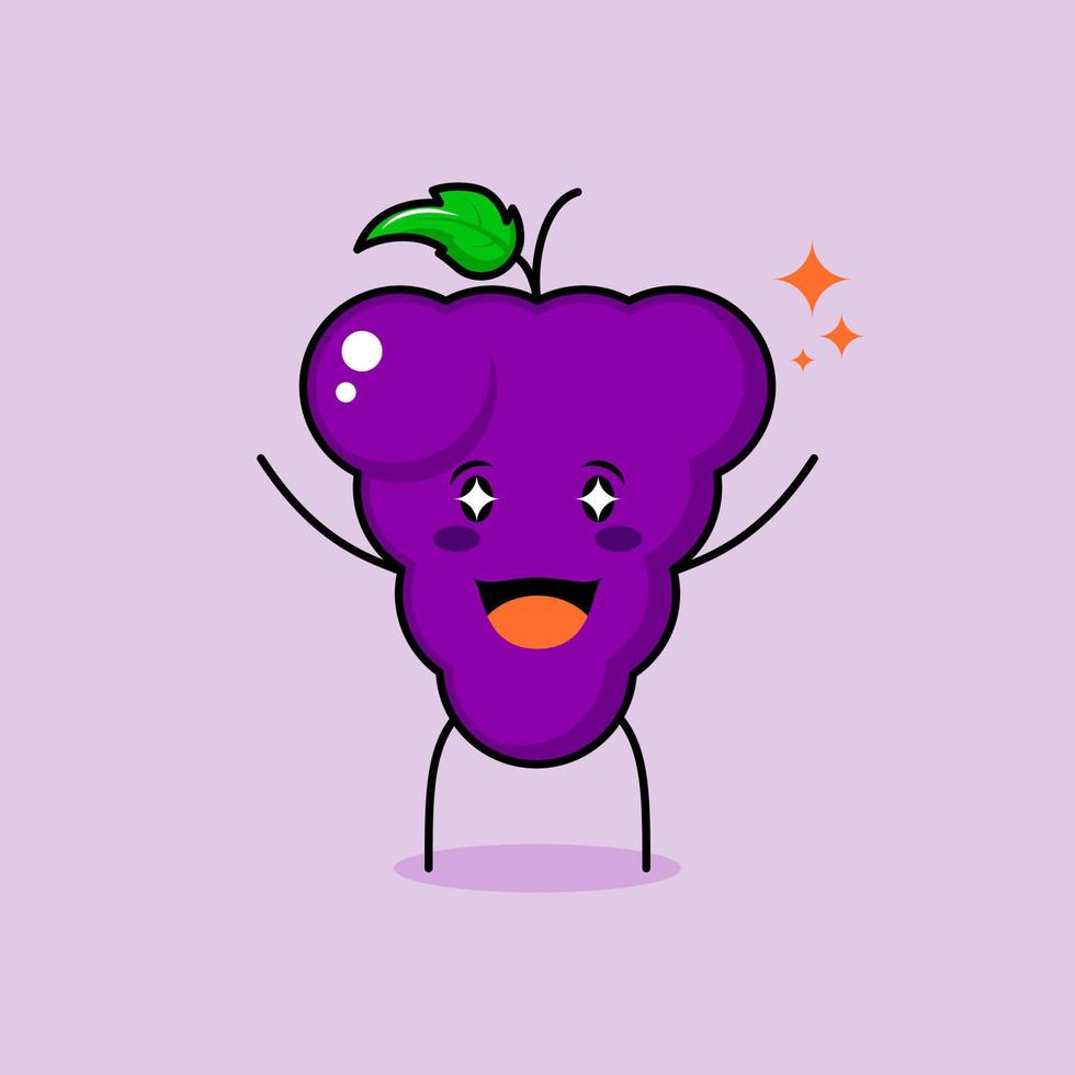 lindo personaje de uva con sonrisa y expresión feliz, dos manos arriba, boca abierta y ojos brillantes. verde y morado. adecuado para emoticonos, logotipos, mascotas e iconos vector