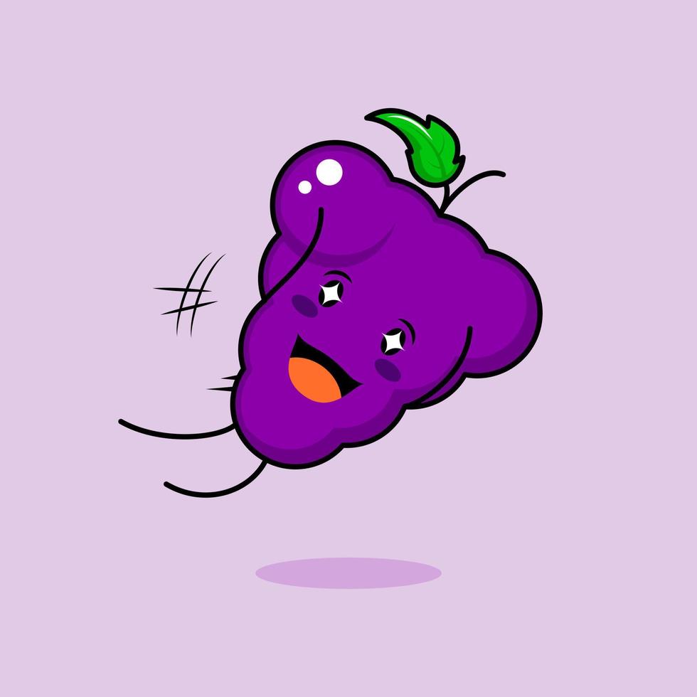 cute grape character with smile and happy expression, jump fly, mouth open and sparkling eyes. green and purple. suitable for emoticon, logo, mascot and icon vector