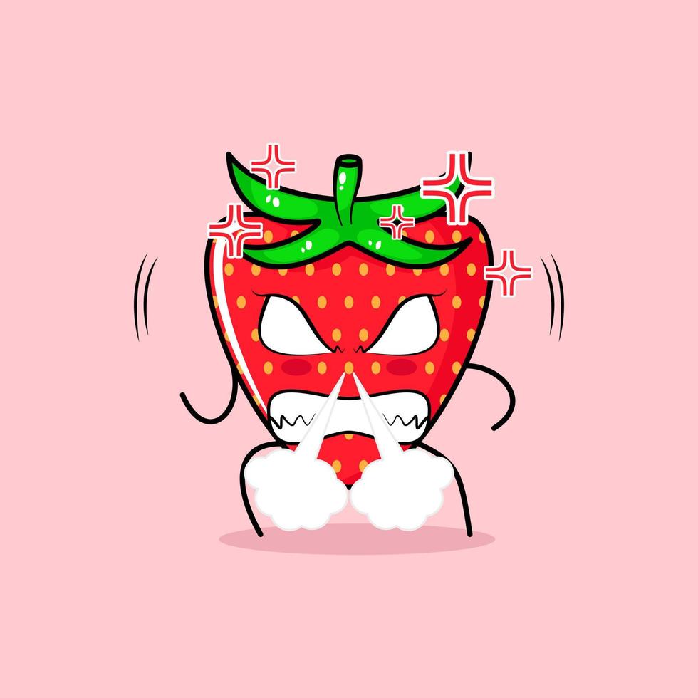 cute strawberry character with angry expression. nose blowing smoke, eyes bulging and grinning. green and red. suitable for emoticon, logo, mascot vector