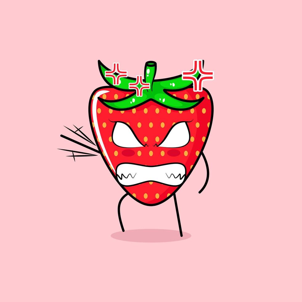 lindo personaje de fresa con expresión enojada. verde y rojo. adecuado para emoticono, logo, mascota. una mano levantada, ojos saltones y sonriente vector