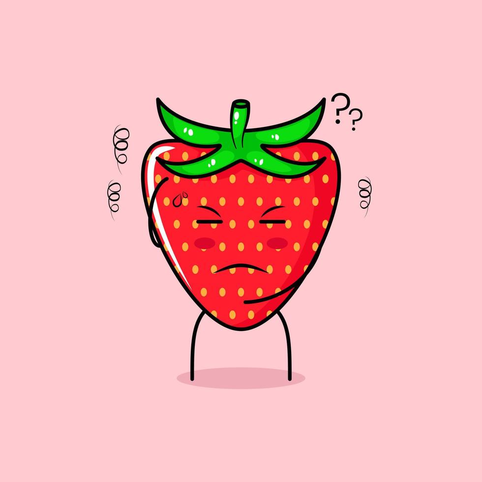 cute strawberry character with thinking expression, one hand on head and close eyes. green and red. suitable for emoticon, logo, mascot vector