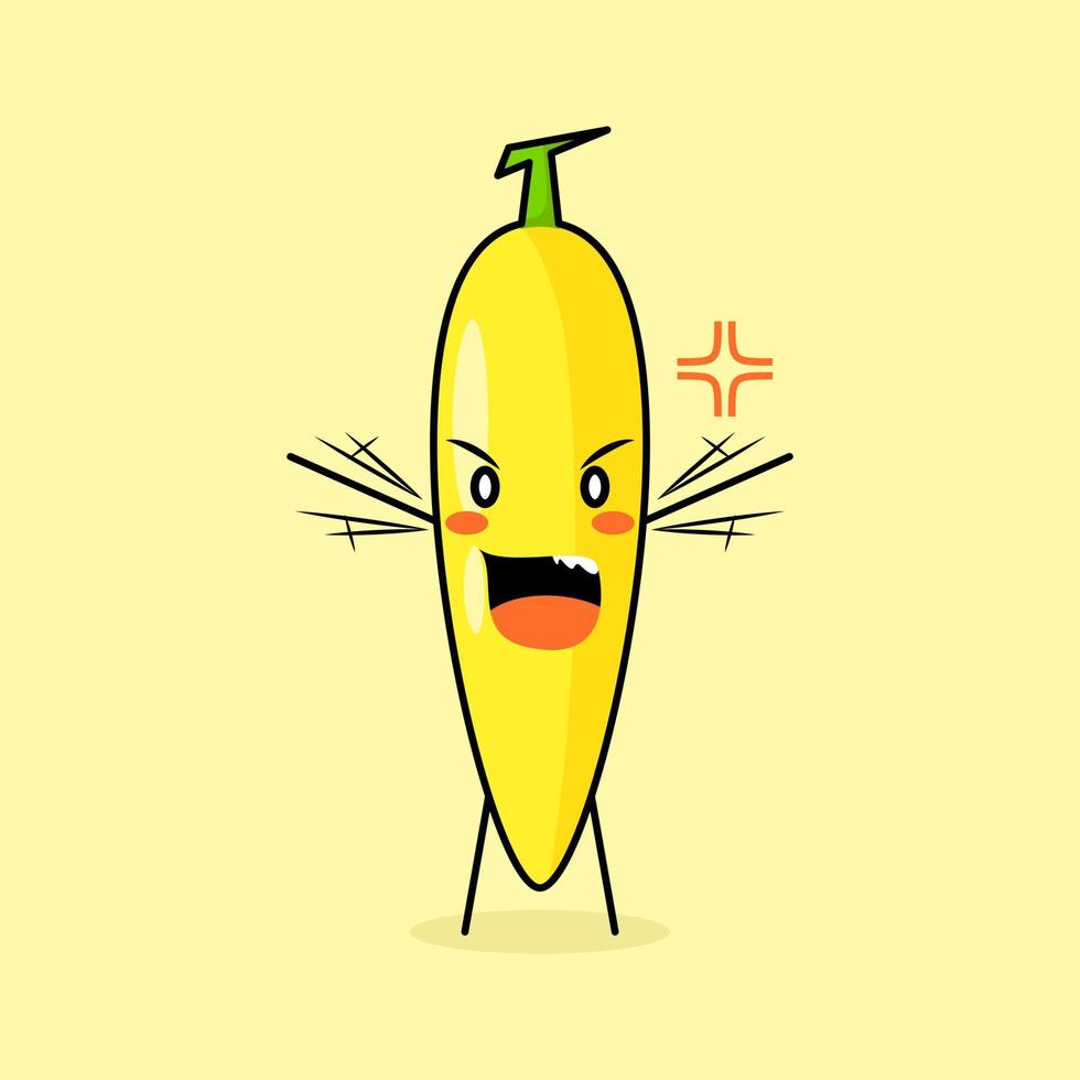 lindo personaje de plátano con expresión enojada. verde y amarillo. adecuado para emoticonos, logo, mascota. ambas manos levantadas y boca abierta vector