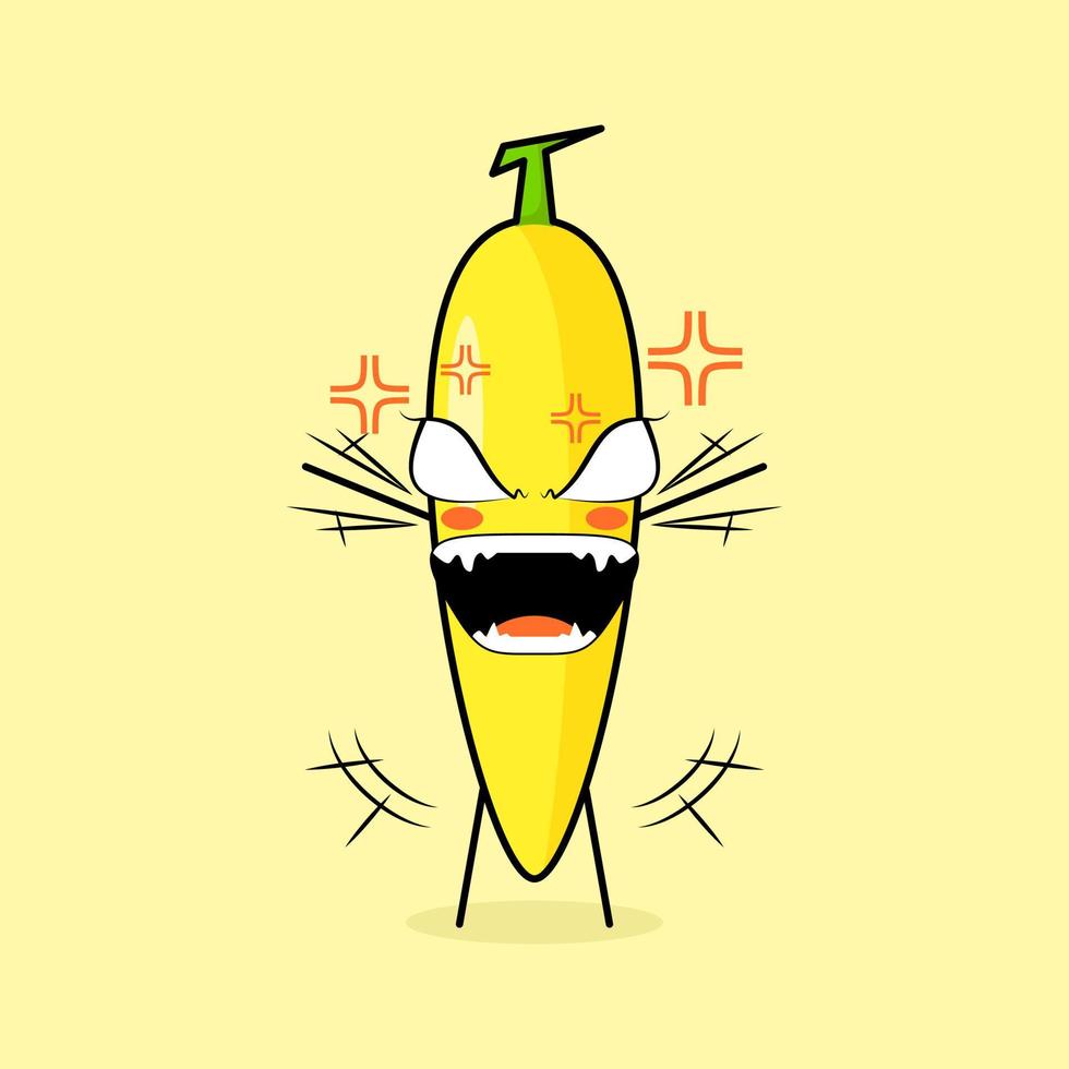 lindo personaje de plátano con expresión enojada. ambas manos levantadas, los ojos desorbitados y la boca bien abierta. verde y amarillo. adecuado para emoticonos, logotipos, mascotas vector