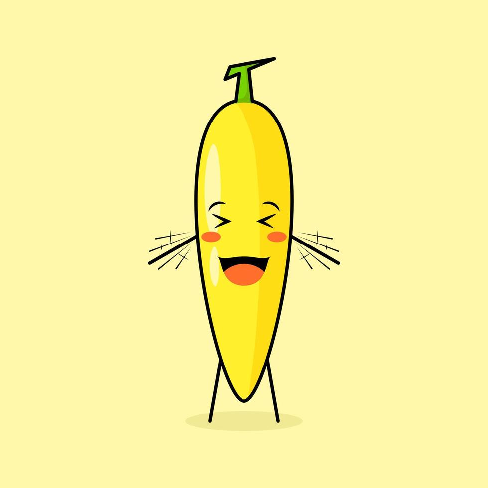 lindo personaje de plátano con sonrisa y expresión feliz, ojos cerrados, boca abierta y ambas manos temblando. verde y amarillo. adecuado para emoticonos, logotipos, mascotas e iconos vector