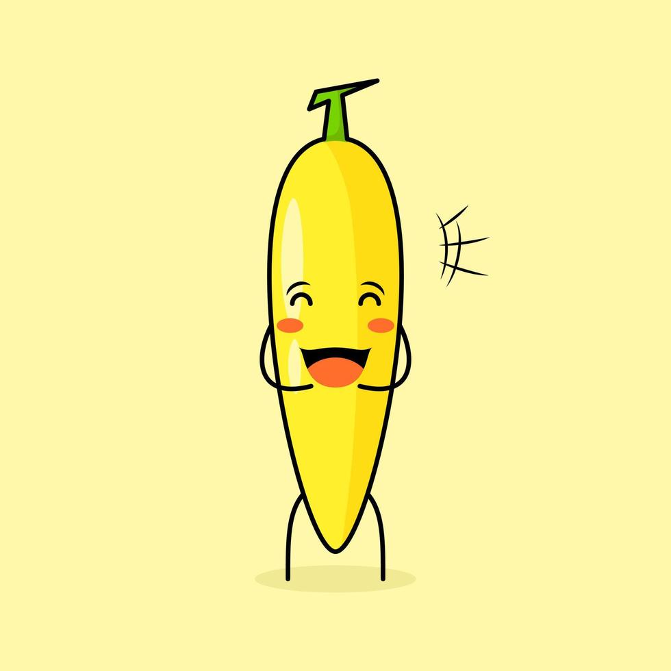 lindo personaje de plátano con sonrisa y expresión feliz, ojos cerrados y boca abierta. verde y amarillo. adecuado para emoticonos, logotipos, mascotas e iconos vector