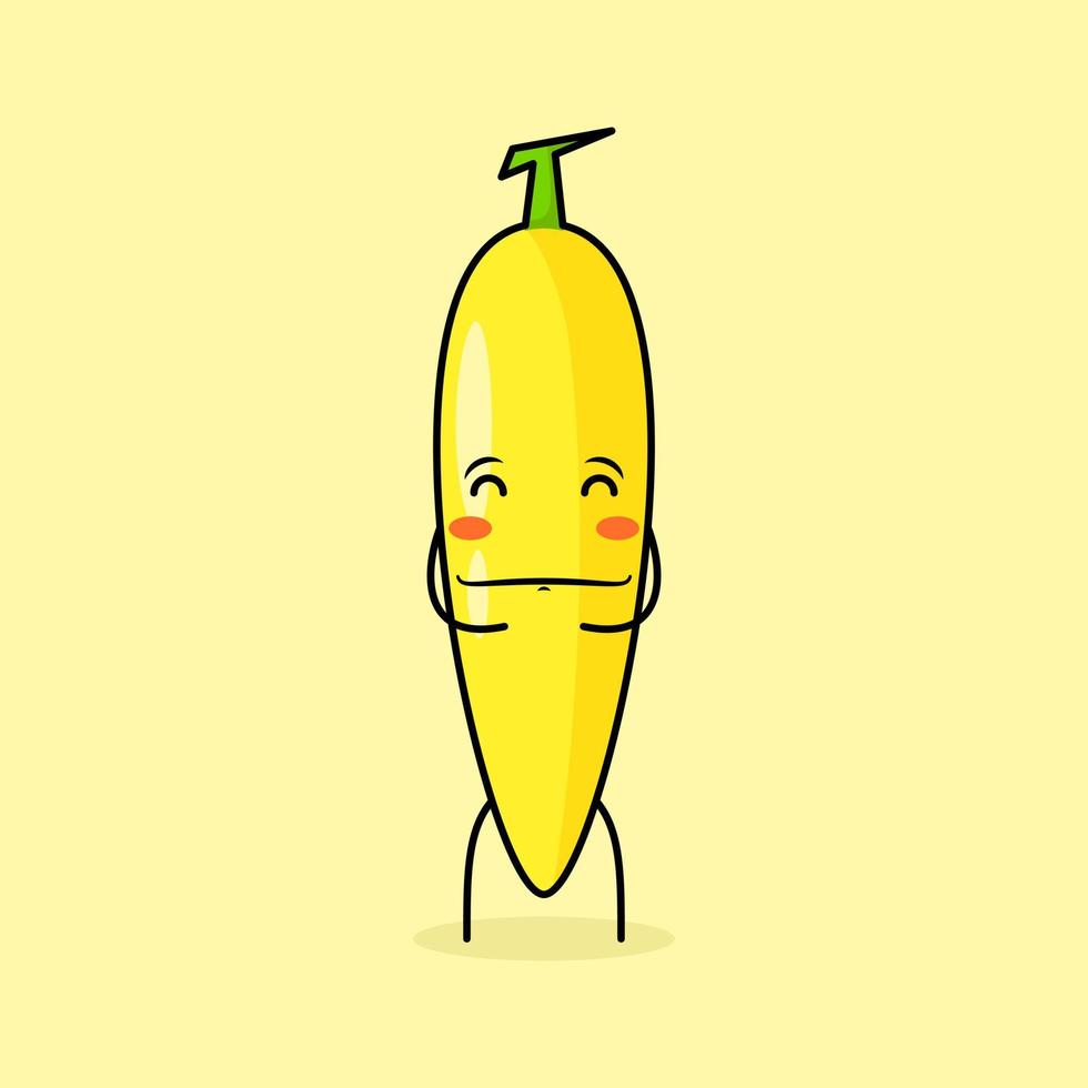cute banana character with smile and happy expression, close eyes, both hands on stomach and smiling. green and yellow. suitable for emoticon, logo, mascot and icon vector