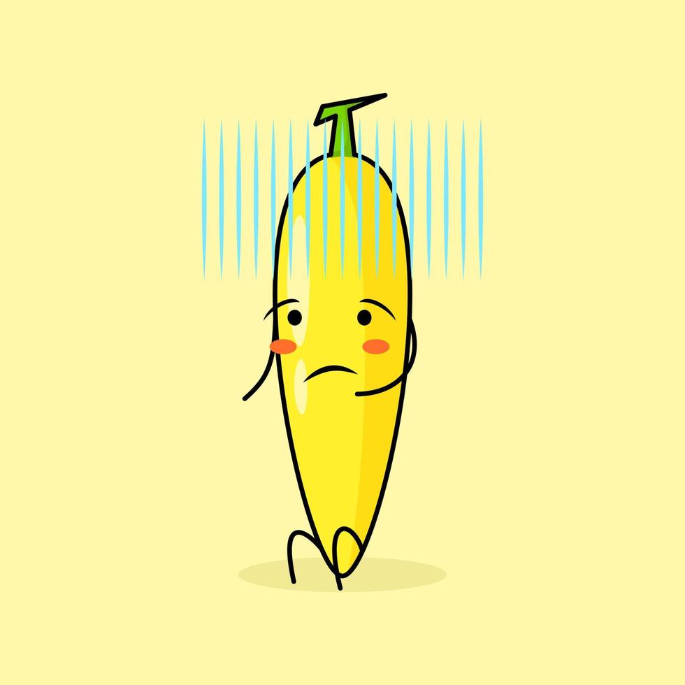 cute banana character with hopeless expression and sit down. green and yellow. suitable for emoticon, logo, mascot and icon vector