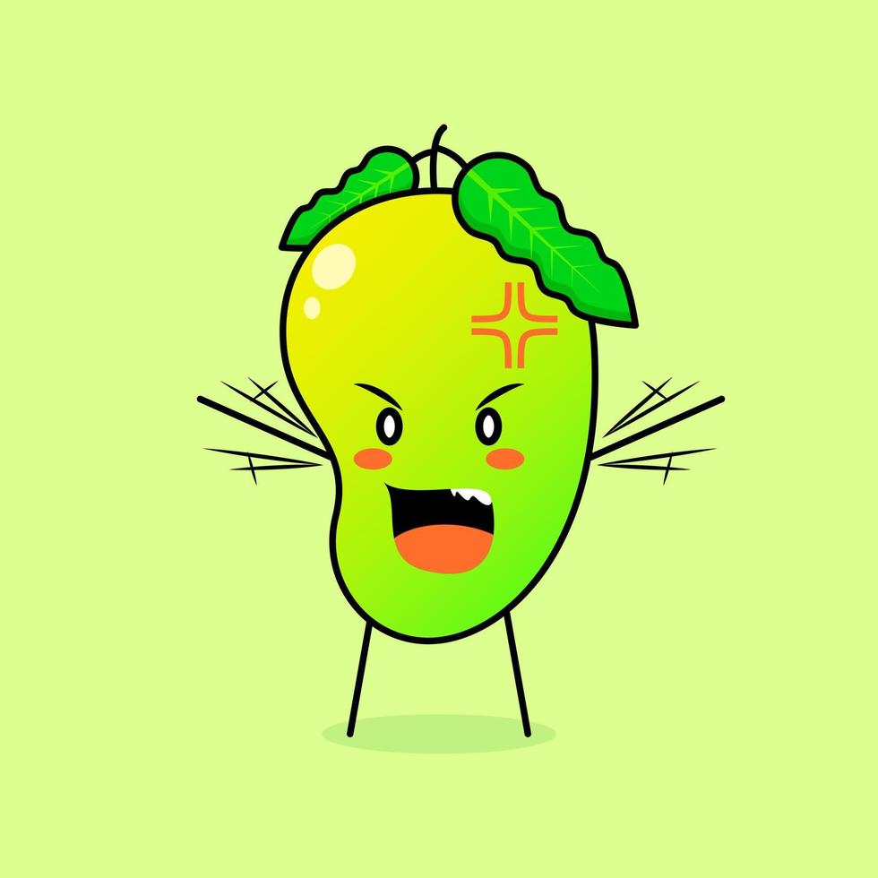 lindo personaje de mango con expresión enojada. verde y naranja. adecuado para emoticono, logo, mascota. ambas manos levantadas y boca abierta vector