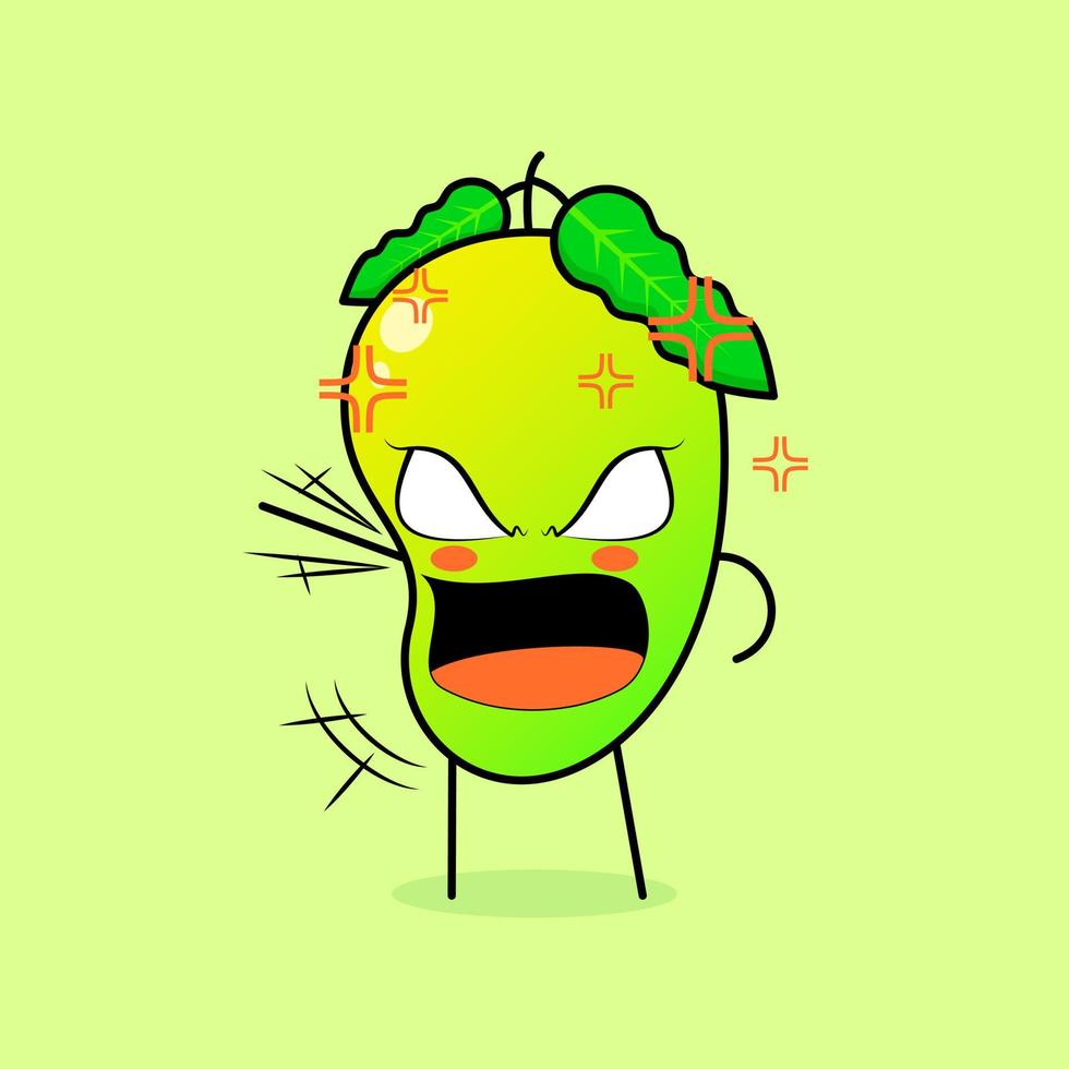 cute mango character with angry expression. green and orange. suitable for emoticon, logo, mascot. one hand raised, eyes bulging and mouth wide open vector