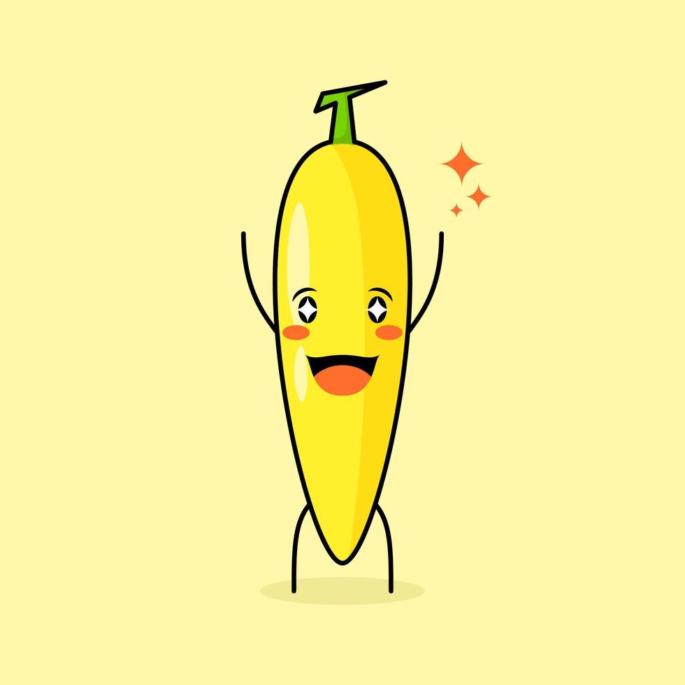 lindo personaje de plátano con sonrisa y expresión feliz, dos manos arriba, boca abierta y ojos brillantes. verde y amarillo. adecuado para emoticonos, logotipos, mascotas e iconos vector