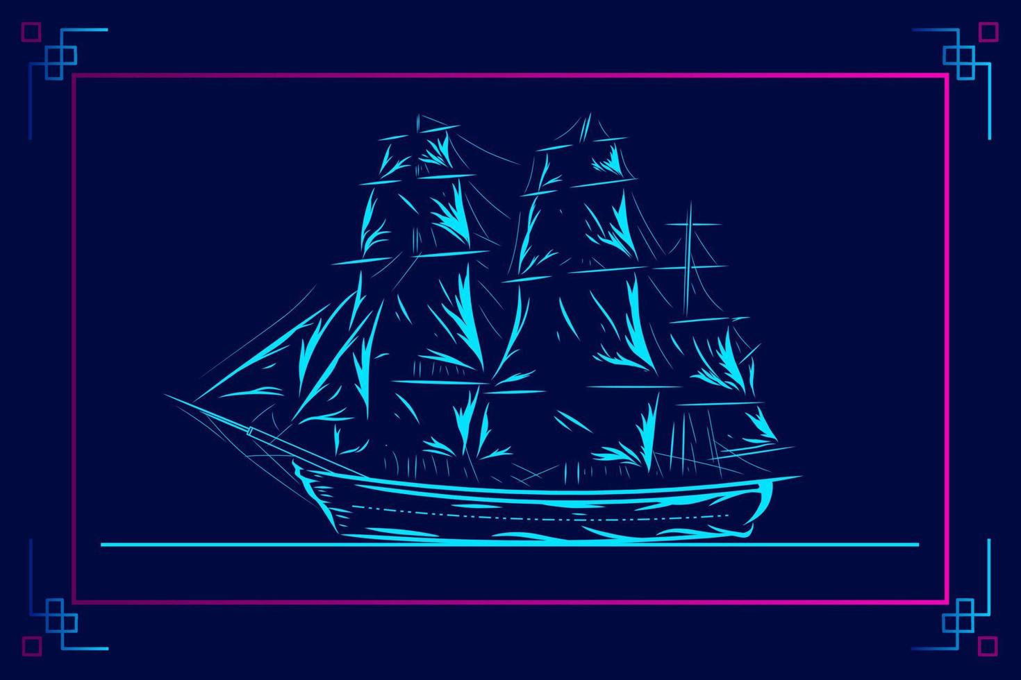 Ship boat pirates line pop art potrait logo colorful design with dark background. Abstract vector illustration. Isolated black background for t-shirt, poster, clothing.