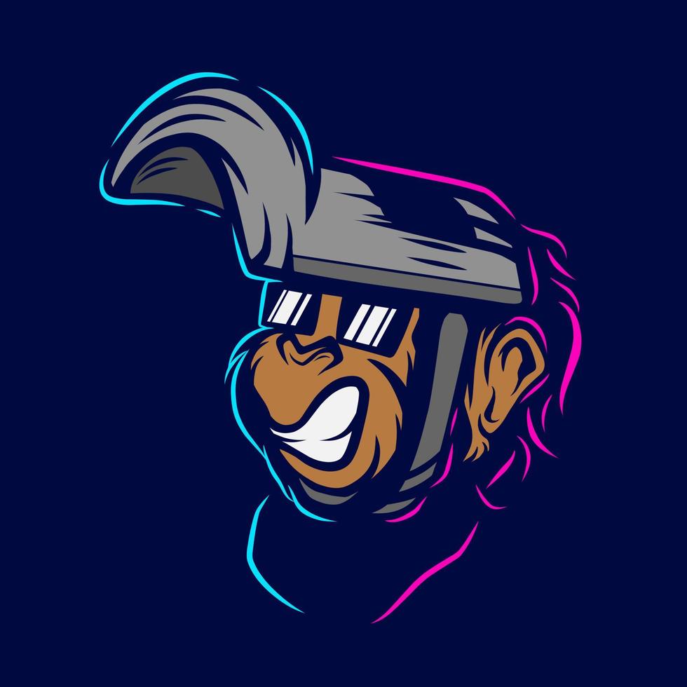 Funny funky monkey Line. Pop Art logo. Colorful welder ape welding design with dark background. Abstract vector illustration. Isolated black background for t-shirt, poster, clothing, merch, apparel.