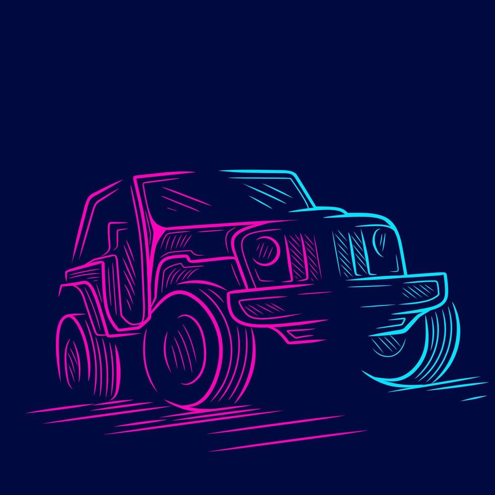 de carretera aventura vehículo línea pop art potrait logo colorido diseño con fondo oscuro. ilustración vectorial abstracta. fondo negro aislado para camiseta, afiche, ropa. vector