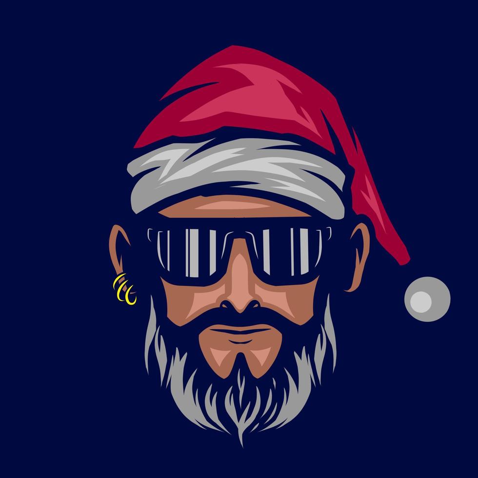 Funky santa claus logo vector line neon art potrait colorful design with dark background. Abstract graphic illustration. Isolated black background for t-shirt, poster, clothing, merch