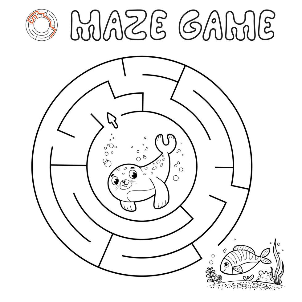 Maze puzzle game for children. Outline circle maze or labyrinth game with seal. vector