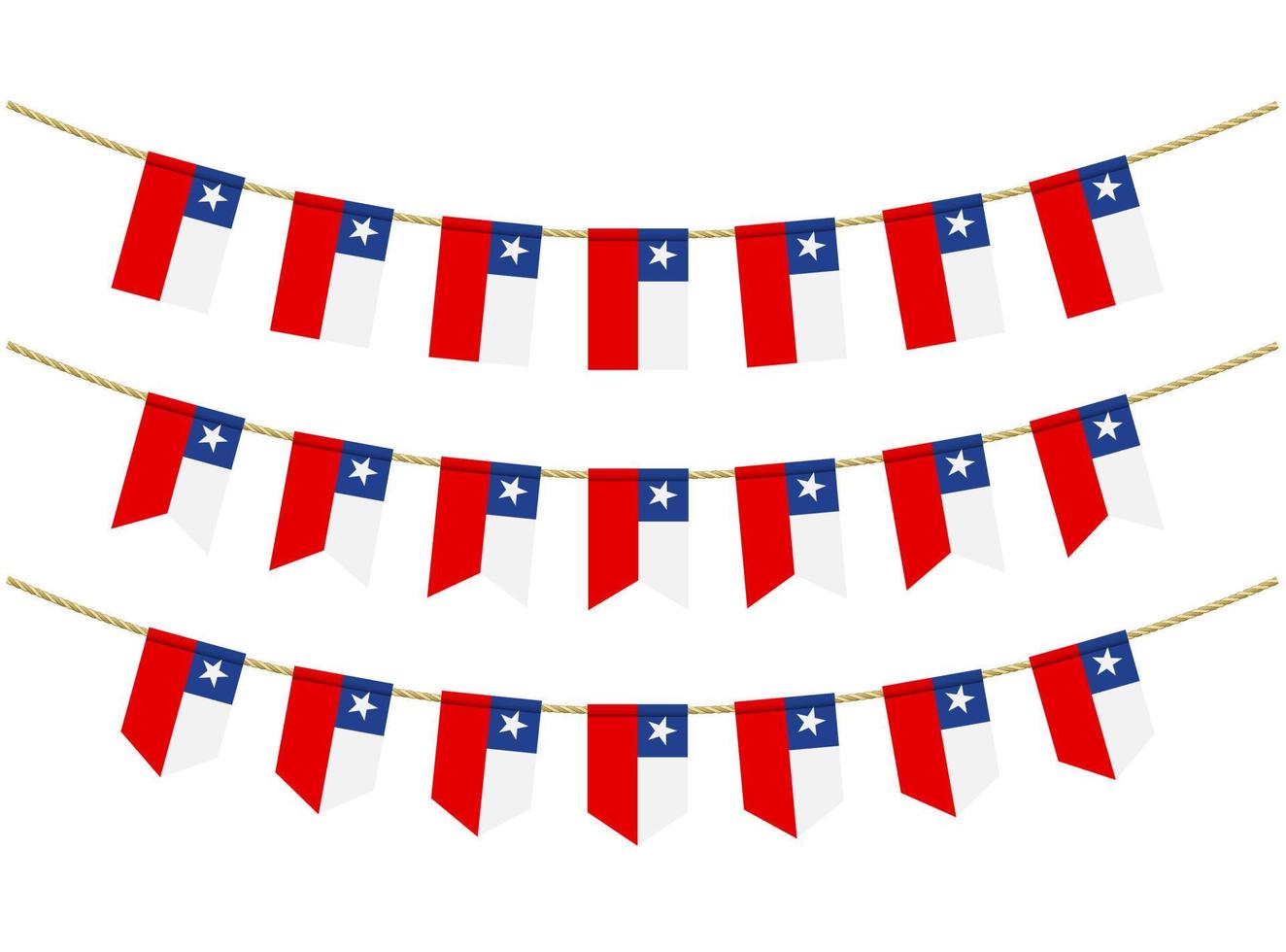 Chile flag on the ropes on white background. Set of Patriotic bunting flags. Bunting decoration of Chile flag vector