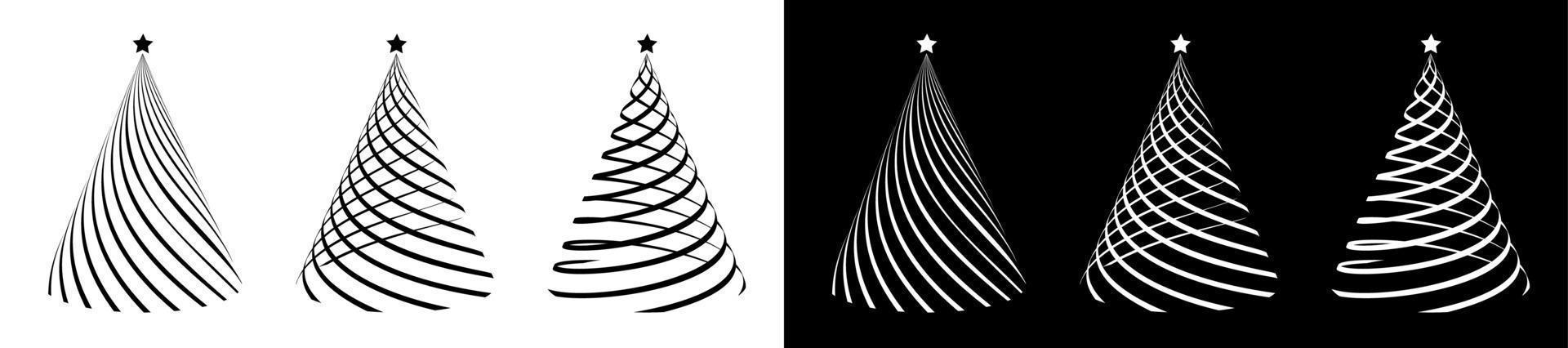 Set of silhouettes of Christmas trees, stylized entwined with a festive ribbon. Christmas and New Year 2021. Icons. Black and white vector