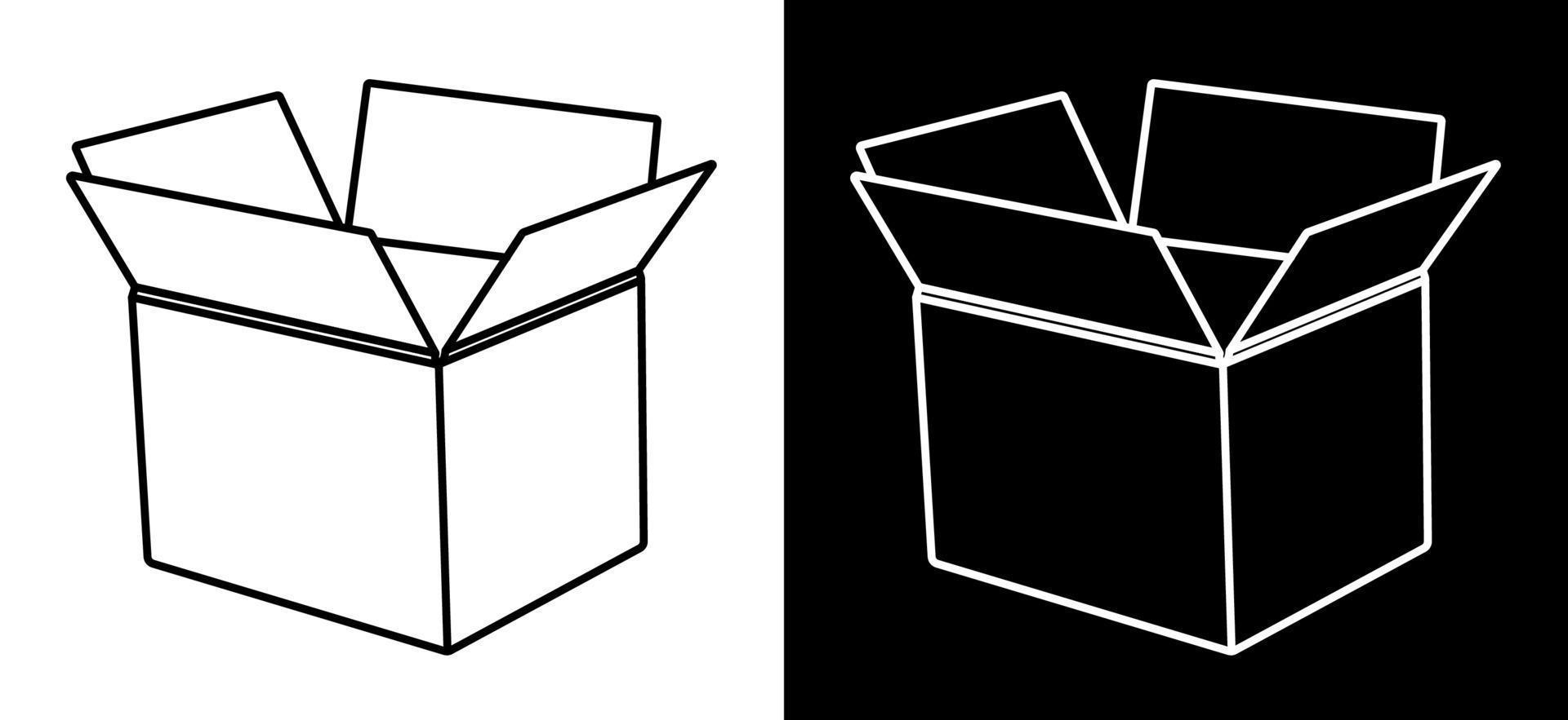 empty open cardboard box. Delivery and transportation of goods from shops. Icon for the website. Black and white vector