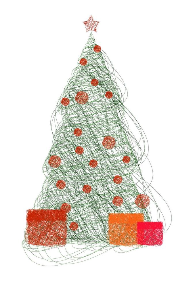 New Year, Christmas tree 2021 with gifts and glass balls in the style of a sloppy child drawing. Sloppy sketch. Festive design element. Vector on white background