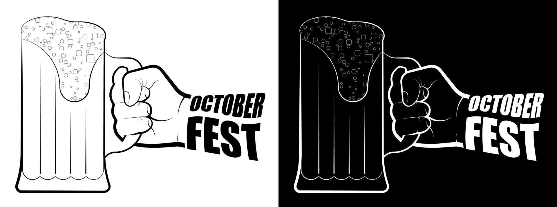 mano masculina con tatuaje de oktoberfest sostiene una jarra de cerveza con espuma. oktoberfest 19 de septiembre. bebidas alcohólicas, vacaciones. vector sobre fondo blanco