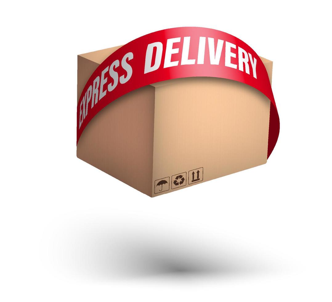 express delivery of goods. Cardboard box descends on a red tape like a parachute. Fast food and mail delivery. Transportation from shops. Color vector