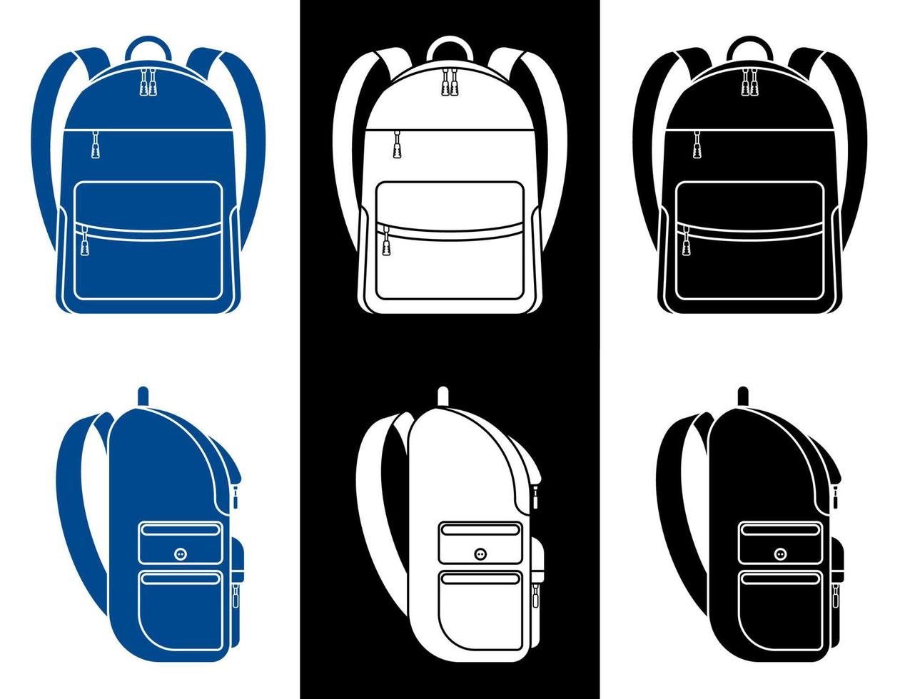 iconos de mochila escolar. vista lateral y frontal. 1 de septiembre, inicio del año escolar en la escuela. vector de accesorios de estudiante sobre un fondo blanco