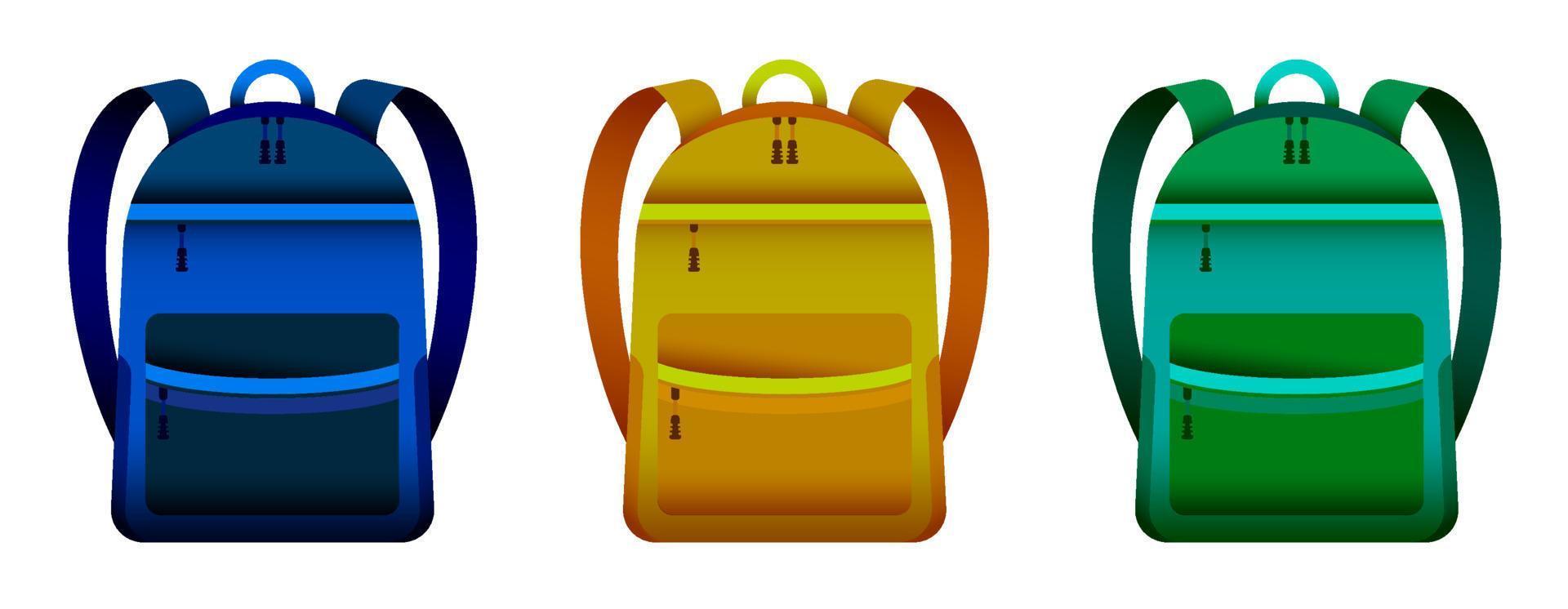 set of bright school backpacks in realistic style, icons. Foreground. September 1, beginning of a year at school. Vector student accessories on white background