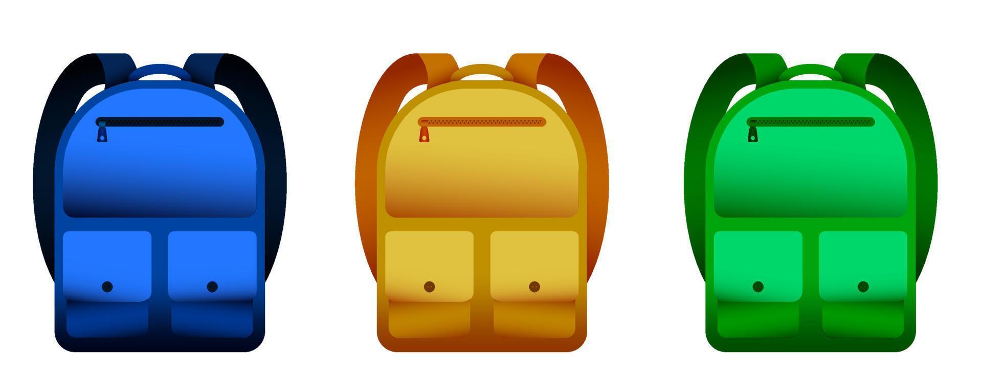 conjunto de mochilas escolares brillantes en estilo realista, iconos. primer plano. 1 de septiembre, inicio de año en la escuela. accesorios de estudiante de vector sobre un fondo blanco