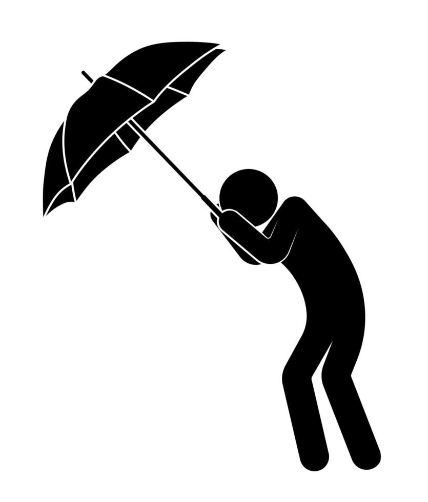 stick man, person with an umbrella is protected from strong wind and bad weather, cannot stay on his feet. Health protection in bad rainy weather. Vector on white background